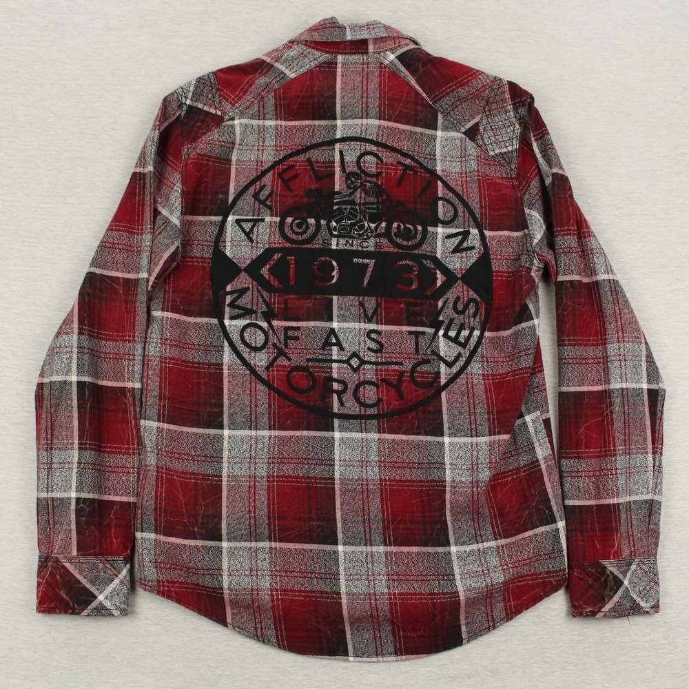 Affliction Flannel Shirt Mens M Red Woven Pearl Snap Black Premium Eagle One NEW - Picture 10 of 11
